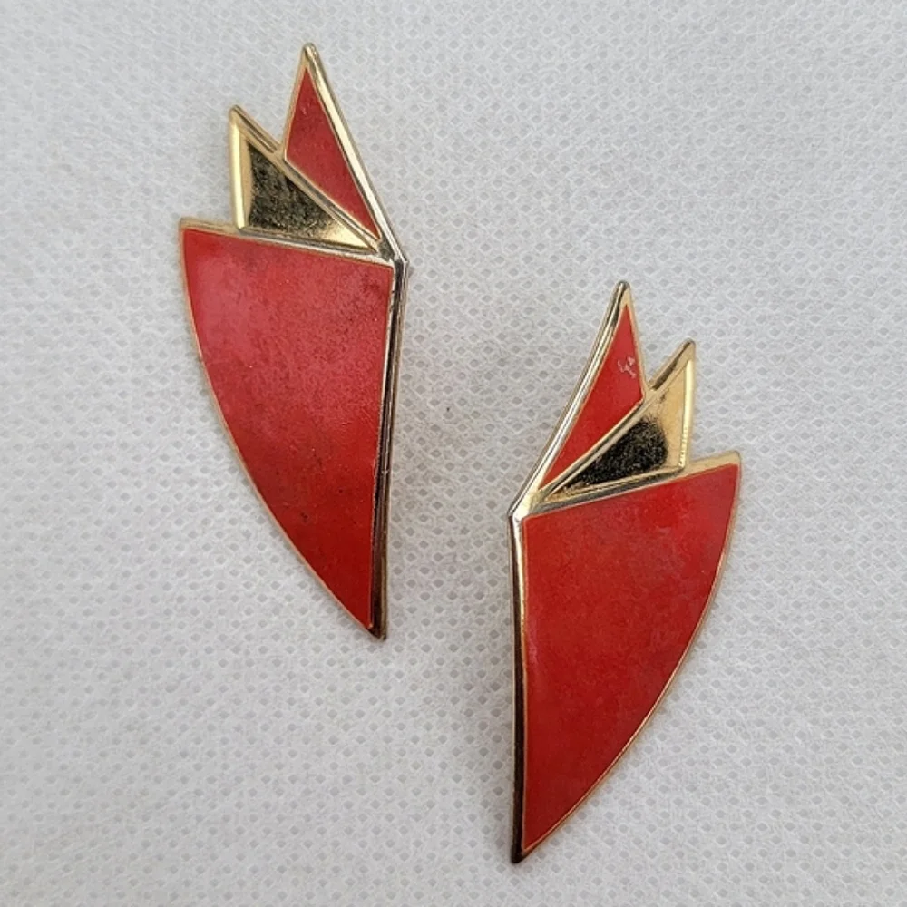 Vintage Gold and Red Enamel Earrings